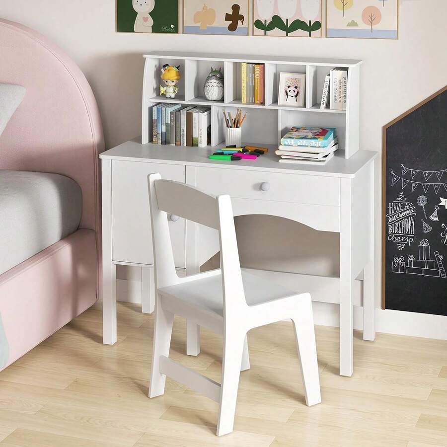 Children's Desk With Chair, Desk Set With Drawer, Storage Compartments & Cupboard, Children's Seating Group, Student Desk For Children From 3 Years, For Children's Room Playroom Kindergarten - 白色 - 查看 1