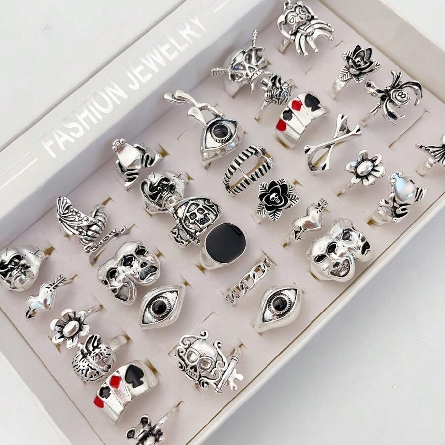 20pcs/Set Vintage Punk Skull & Snake Ring Set, Unisex Gothic Animal Spider Party Jewelry - 20 Mixed Silver Ring Sets - View 1