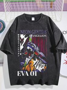 EWH Men's T - Shirt, Anime Culture Style, Neon Genesis Evan Gelion Graphic, Loose Fit, Short Sleeved, Top DG004 - 黑色 - 查看 1