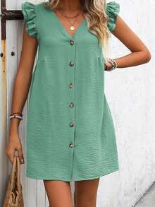 Women's Summer Mini Dress Solid Color Flutter Sleeve V-Neck Button Down Dress For Work, Beach