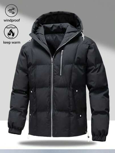 1pc Men's Hooded Zip-Up Casual Winter Coat, Multi-Pocket Windproof Coat, Suitable For Daily Wear, Outdoor, Hiking, Camping, Fall