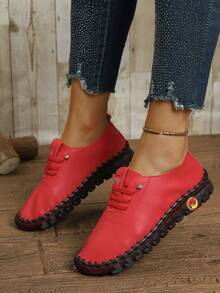 女式户外多功能休闲红色运动鞋，橡胶鞋底，柔软系带低帮皮革运动鞋 - 紅色 - 查看 3