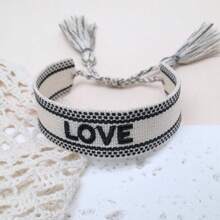 1 pieza Pulsera casual de estilo vacacional bohemio Adjustable con bordado creativo, hecha a mano, adecuada para amigos, familia, parejas, regalos festivos, fiesta, viaje, uso diario, cordón de bendición - Blanco y Negro - Ver 6
