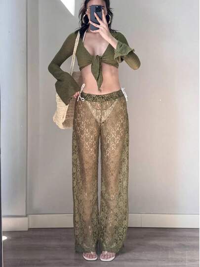 Shiny All-Over Print Elegant Knotted Sheer Party, Date Night, Stage & Concert Dress