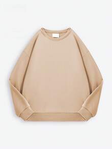 女士Curve oversize純色圓領運動衫，紐約城市景觀印花設計，休閒風格，寬鬆剪裁，柔軟舒適，適合日常穿著，春秋裝，理想禮物，靈感源自海灘場景，棉質女士上衣，春夏裝假期度假，適合戶外運動服裝，秋冬季居家 日常休閒女裝，情侶款 - 杏色 - 查看 2