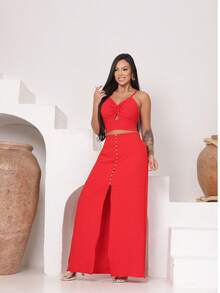 Conjunto Feminino Saia e Cropped com Bojo Tecido Duna Liso Forrado Novidade Confortáve