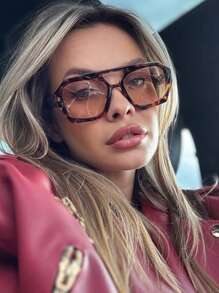 复古方形高端时尚眼镜，时尚经典装饰海洋镜片眼镜，适合日常佩戴、户外、旅行、海滩飞行员形状太阳镜 - 豹紋茶 - 查看 2