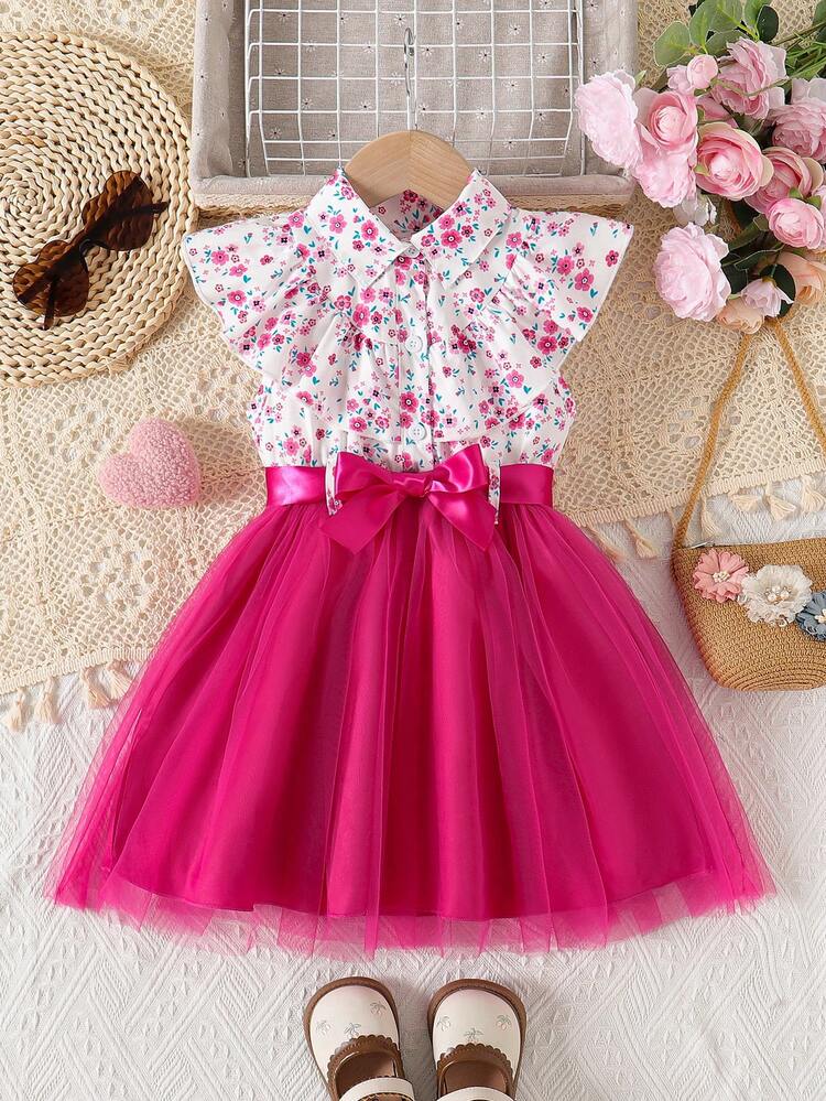 Young Girl Summer Vacation Floral Print Ruffled Collar Sleeveless Contrast Mesh Dress With Belt - Hot Pink - View 3