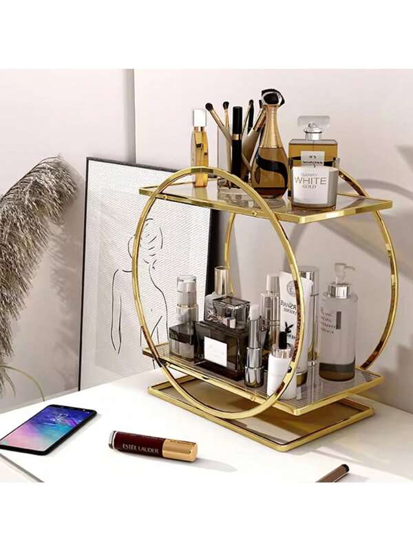 Rack de almacenamiento de cosméticos de lujo, mostrador de baño, gran capacidad, almacenamiento, exhibición de perfume de metal de doble capa, adecuado para cosméticos y productos de cuidado de la piel, Set de tocador