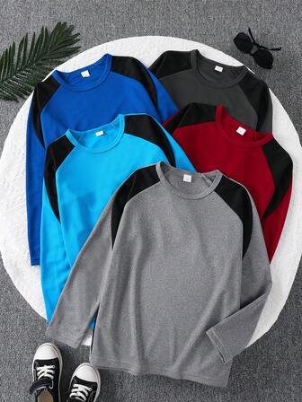 5pcs/Set Tween Boy Autumn/Winter Quick-Dry Mesh Splice Long Sleeve Round Neck Raglan Sportswear Combo T-Shirt, Suitable For 7-11 Years Old, Fitness, Cycling, Tennis, Casual Sports