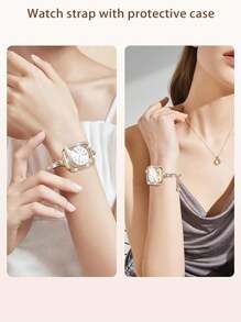 2-In-1 Rose Gold Protective Case + Cylindrical Rhinestone Metal Strap Set For Apple Watch - Bracelet Design Replacement Strap [38/40/41/42/44/45/46/49mm] | Women's Sparkling Crystal Soft Strap For Ultra/SE/10/9/8/7/6/5/4/3/2/1 Series