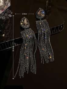 1 对泪珠水钻装饰长流苏耳环，休闲时尚百搭配饰 - 黑色 - 查看 4