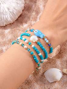 4 件套可爱卡通贝壳和鱼装饰弹性手链套装，适合女性日常、沙滩、购物装