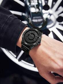 1pc Men Magnetic Waterproof Watch, No Glass Dial, Personalized, Fashionable Roman Steel Belt Wrist Watch - Black - View 5