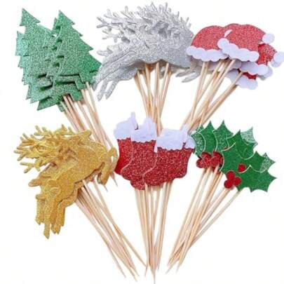 60Pcs Single Side Christmas Cupcake Toppers Glitter Cake Decorations Toothpick Flags Santa Claus Tree Fruit Hats Socks Christmas Fawn Theme Party Cake Toppers Picks For Xmas Cake Decoration Supplies