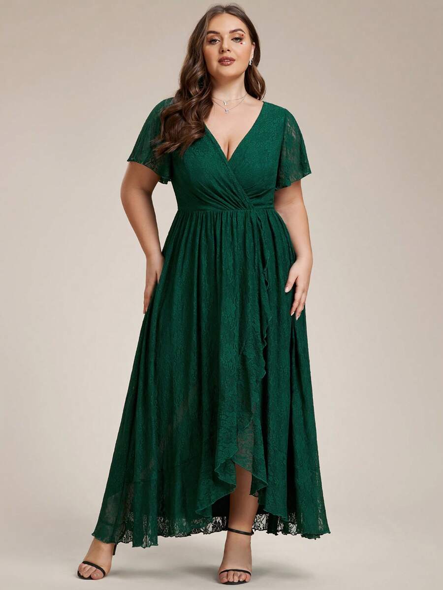 Plus Size V Neck Short Sleeves Pleated High Low Mother Of Bride Lace Dresses
