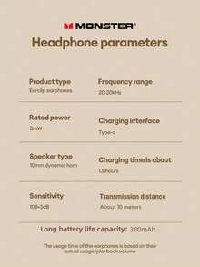 Monster XKT21 蓝牙耳机，耳挂式设计，具有被动降噪功能，超长播放时间，高清清晰通话，降噪，运动跑步，高品质音乐，低延迟，无线耳塞，兼容小米、华为 - 米色 - 查看 9