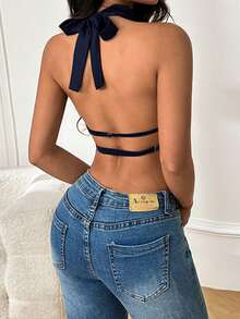 Áo nữ mùa hè không tay, hở lưng, cổ yếm bằng satin, màu xanh dương. Thích hợp cho ngày Valentine, hẹn hò, tụ họp, tiệc tùng, du lịch, nghỉ mát, đi biển và các dịp khác. - Màu xanh hải quân - Xem 6