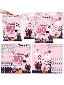 50pcs Halloween Horror Night Party Favor Bags - Pink "Happy Horror Day" Candy Gift Bags, "Little Ghost" Pumpkin Theme Party Favor Supplies, Suitable For Halloween, Birthday, Children's Theme Birthday, Baby Shower Favor Supplies. - Pink - View 1