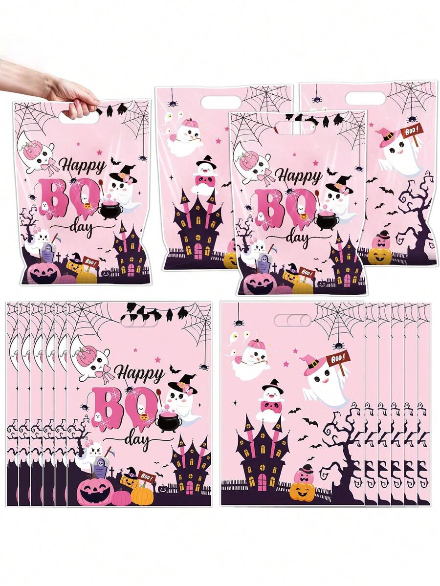 50pcs Halloween Horror Night Party Favor Bags - Pink "Happy Horror Day" Candy Gift Bags, "Little Ghost" Pumpkin Theme Party Favor Supplies, Suitable For Halloween, Birthday, Children's Theme Birthday, Baby Shower Favor Supplies. - Pink - View 1