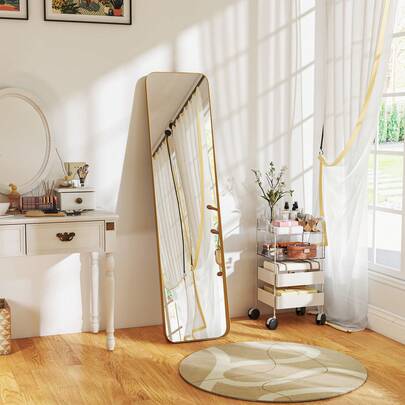 HOMCOM Full Length Mirror, 40 X 160 Cm, Rectangular Full Body Mirror With Curved Corners For Bedroom, Living Room, Cloakroom, Floor Standing Or Leaning Against Wall, Gold Tone