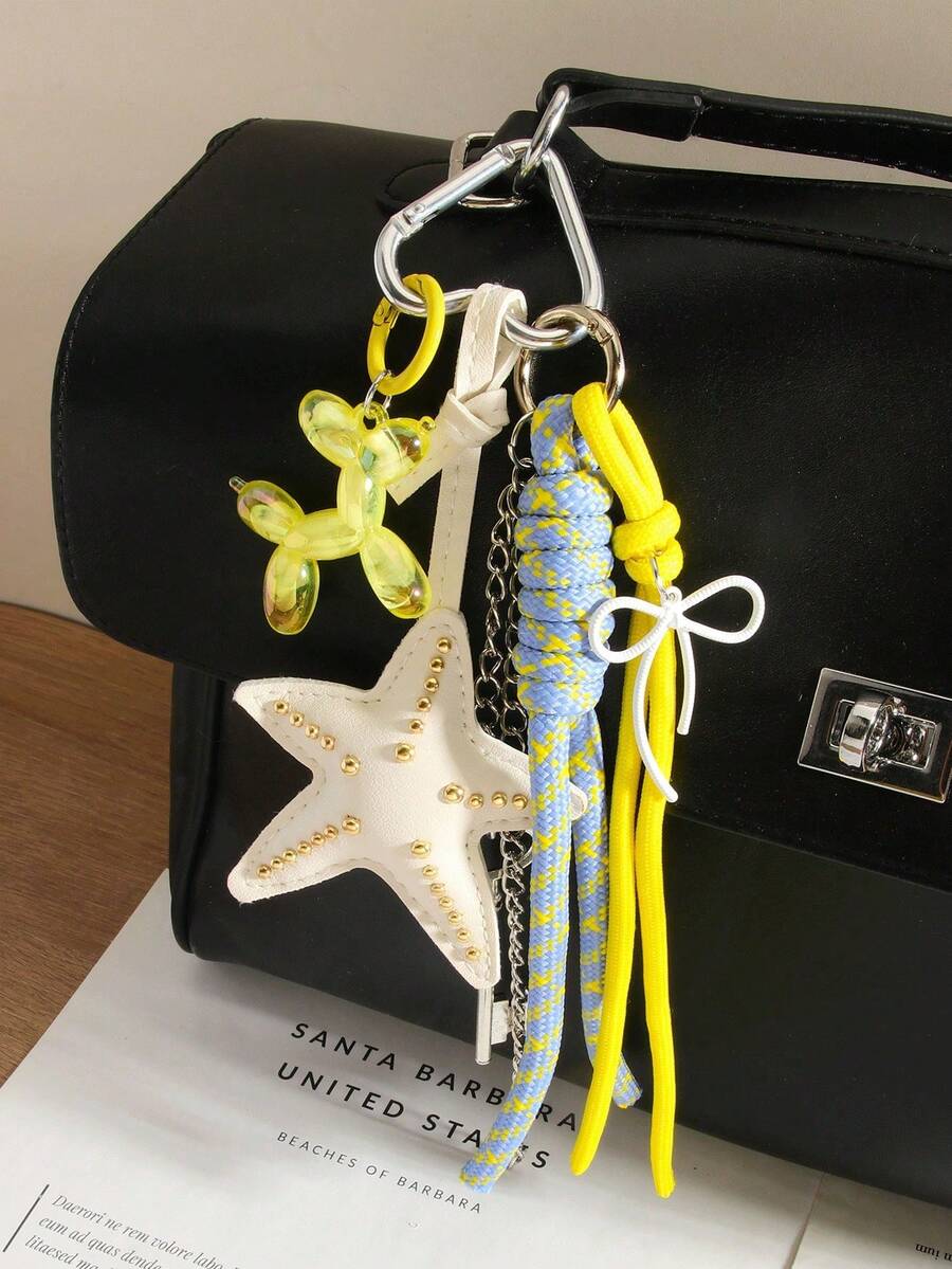PU Leather Starfish Tassel Balloon Dog Pendant Keychain - Multifunctional Woven Rope Bag Charm, Car Accessories, Women Keyring - Multicolor - View 1