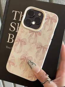 Bow-Knot 1pc White Leather Texture Minimalist Pink Bow Design Phone Case, Compatible With Iphone 16 Pro Max, 15/14 Plus, 13, 12, 11 Protective Cover Waterproof Shockproof Anti-Fall Scratch Resistant - Multicolor - View 3