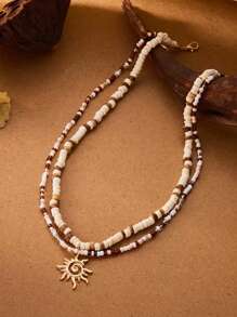 2 件时尚串珠项链，独特高端太阳吊坠双层颈链，男女款夏季休闲项链，情侣项链 - 彩色 - 查看 4