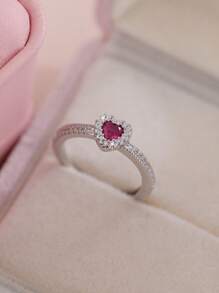 1 件时尚简约甜美紫红色心形锆石女士可调节戒指，银色珠宝礼物，适合送给女朋友、订婚、婚礼、日常佩戴、万圣节、圣诞节