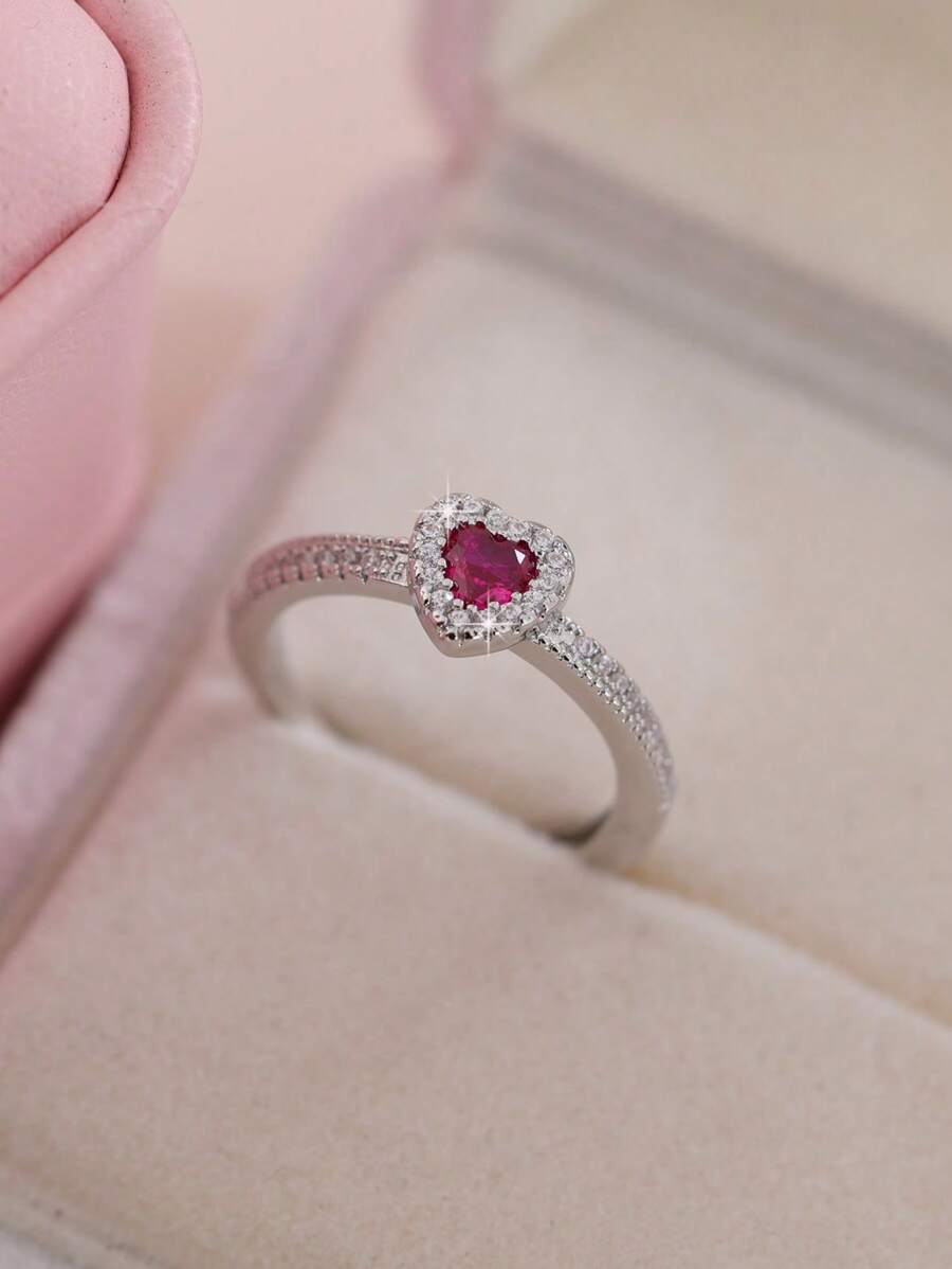 1 件时尚简约甜美紫红色心形锆石女士可调节戒指，银色珠宝礼物，适合送给女朋友、订婚、婚礼、日常佩戴、万圣节、圣诞节