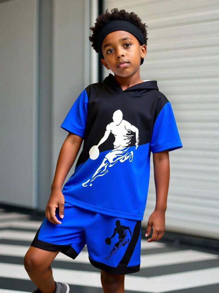 2件套男童时尚酷炫简约休闲套装，柔软舒适，户外篮球运动员印花连帽短袖T恤和短裤套装，夏季 - 彩色 - 查看 3