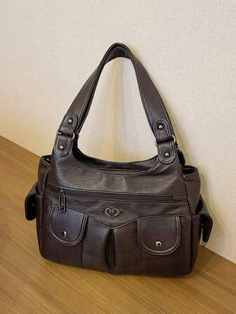 1pc Vintage Large Capacity Handbag, Vintage PU Crossbody Shoulder Bag, Women Casual Tote Bag & Wallet Set