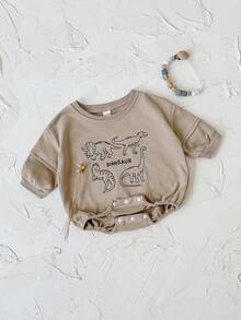 INS 婴儿男女童休闲恐龙刺绣棕色长袖连体衣，春秋季