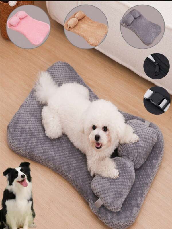 LANGXINGCS 1pc Pet Bed Pad With Pillow, Removable, Suitable For Cats And Dogs, 4-Season Use, Soft Polyester Plush, Multiple Sizes Available, Detachable Bowknot Pillow, Thickened For Summer Pet Nest