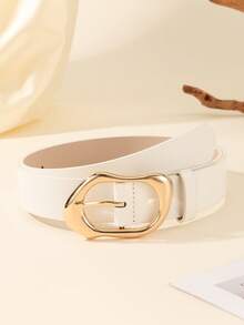 1条简约时尚不对称金色扣环女士腰带，百搭牛仔裤、休闲裤、连衣裙，时尚PU皮革宽腰带 - 白色 - 查看 14