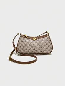 Classic Solid Color PU Waterproof Fabric Shoulder Bag, Metal Buckle Decor, Underarm Baguette Style, All-Over Allover Print Design, Contrast Stitching, Women Wallet, Women Shoulder Bag, Business Commuter Bag, Suitable For Shopping, Commuting To Work, And Social Occasions - Coffee - View 4