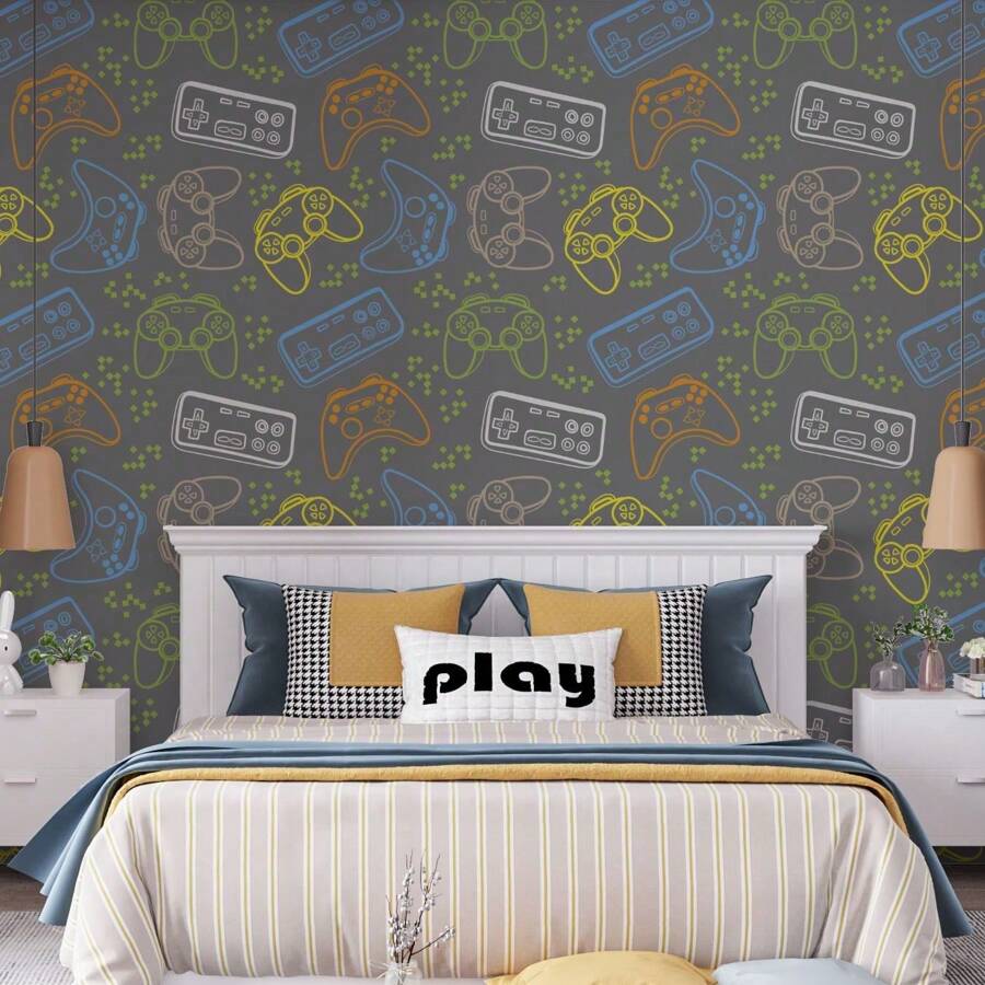 Game Controller Vinyl Adhesive Wallpaper Gray Colored Children's Room Game Room