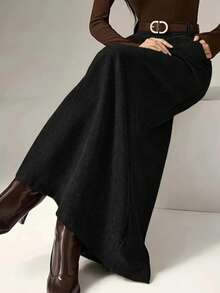 经典纯色高腰纽扣口袋A字裙，休闲百搭，灯芯绒面料，适合秋冬季节穿着。黑色春季款 - 黑色 - 查看 3