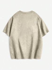 1件青少年男童户外运动休闲宽松绒面绒印花短袖T恤，适合春、夏、秋季穿着 - 杏色 - 查看 6