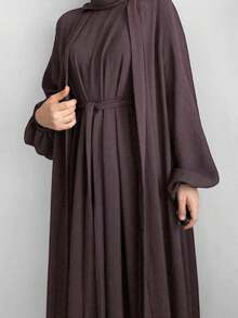 3pcs/Set Muslim Dress + Robe + Belt, Classic Abaya Set - Multicolor - View 24