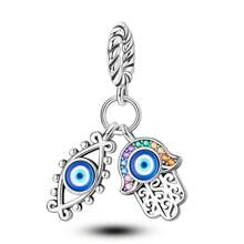 1 Stück Silberfarbener, exquisiter blauer Emaille-Zirkonia, glücklicher Fatima Hamsa Hand, Palme, böser Blick, religiöser Schutzanhänger, passend für original Armband, Halskette, Anhänger, Perlen für DIY Schmuckherstellung, Frauen, Mädchen, Geburtstagsschmuck, Geschenk für Freunde