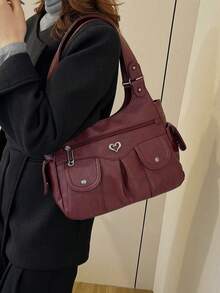 1 chiếc túi xách cổ điển dung tích lớn, túi đeo chéo PU cổ điển, túi tote thường ngày cho nữ & ví - Màu Đỏ Sâu - Xem 11