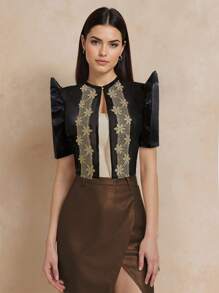 1件 Amyenjoylife 现代菲律宾风情女式衬衫，时尚薄纱蕾丝拼接设计优雅衬衫，纽扣衬衫，春夏款，蝴蝶袖菲律宾风情，女士菲律宾短款上衣，黑色 - 黑色 - 查看 4