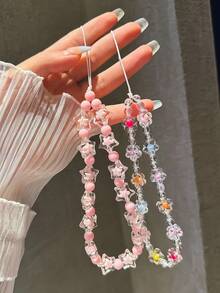 2 件粉色珍珠星和彩色花卉串珠手链，少女魅力钥匙扣适用于所有手机壳、耳塞支架、DIY 悬挂装饰、腕带、防丢失、韩式风格 - 粉色 - 查看 3