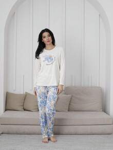 Mirano Slogan Print Short Sleeve Top & Cherry Pattern Long Pants Pajama Set - Blue and White - View 1