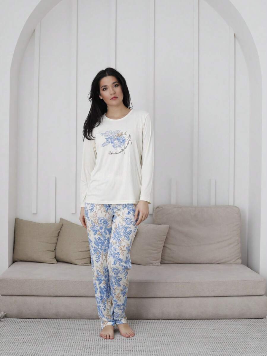 Mirano Slogan Print Short Sleeve Top & Cherry Pattern Long Pants Pajama Set - Blue and White - View 1