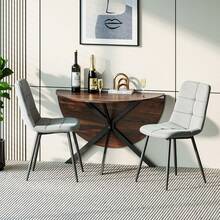 Dining Table And Chairs Set Of 2, Brown Folding Round Dining Table With 2 Grey Linen Fabric Chairs For Dining Room, Kitchen, Living Room - Wood Grain Table + 2 Gray Linen Chairs - View 11