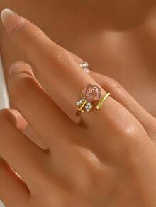 1pc Vintage Enamel Drip Glaze Zirconia Stone Unique Design Personalized Open Ring, Fashionable Accessory Jewelry - Pink - View 1