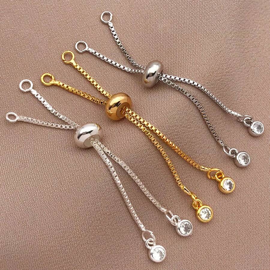 3pcs 18K Gold Plated Brass Adjustable Box Chain, Rubber Bead Bracelet Extender, Adjustable Bracelet Connector, Suitable For Women Jewelry Making