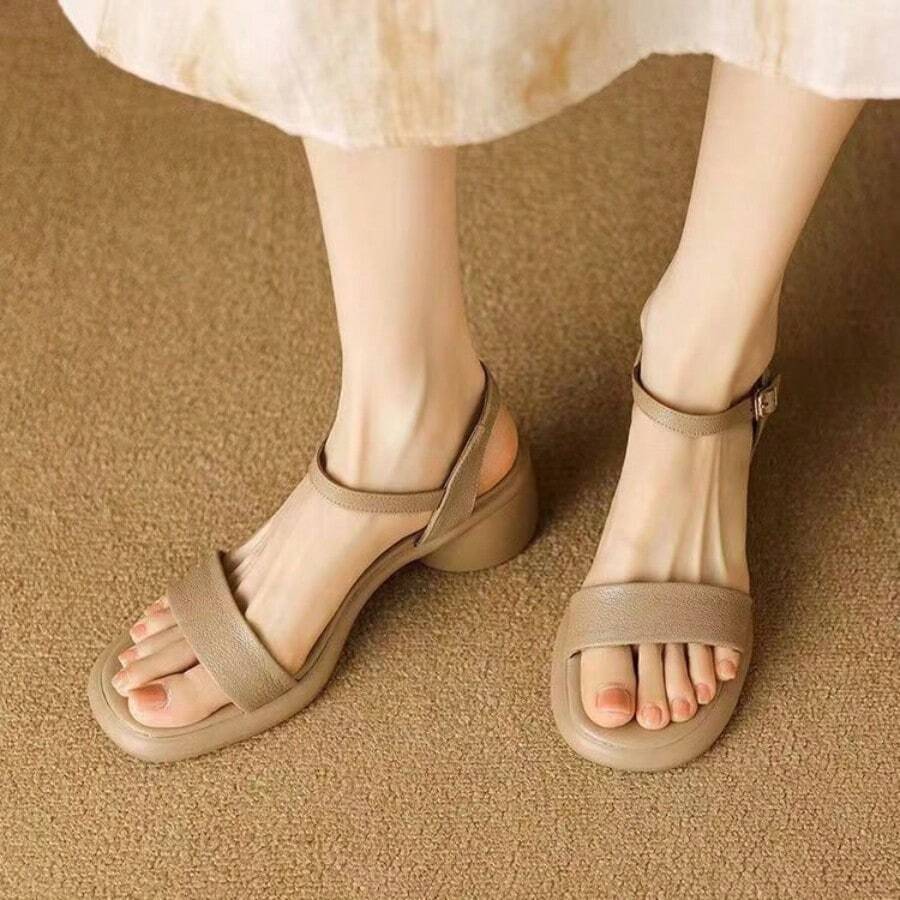 Sandalias retro sencillas de punta abierta y una sola tira para mujer, zapatos de verano cómodos con suela gruesa y suela suave.